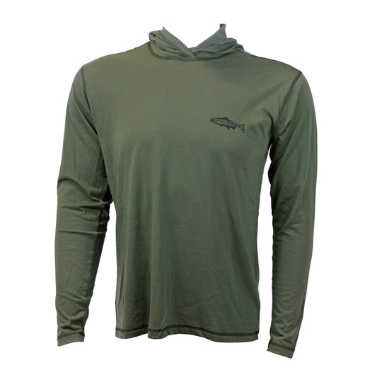 Front view of a dark natural green, long sleeved shirt with hood that features a logo on the front pocket that says "repyourwater" inside of a fish silhouette.
