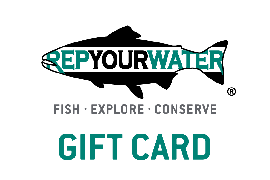 An image of an electronic gift card. It has a logo that says repyourwater inside a trout silhouette above the words fish explore conserve and on the bottom line it says gift card