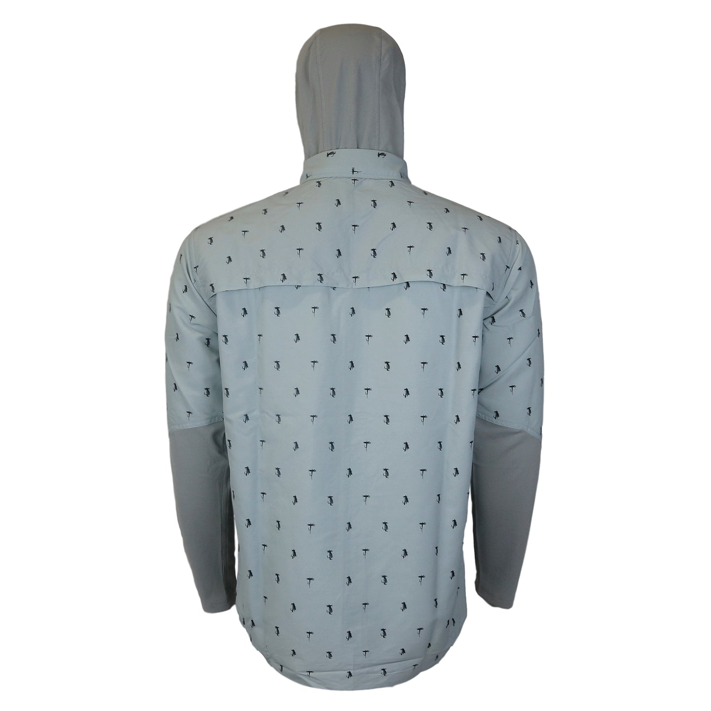 The back view of a button up, light gray shirt with crew sleeves, a collar and a hood. The shirt has small dark gray dry flies printed all over it except for the crew sleeves.