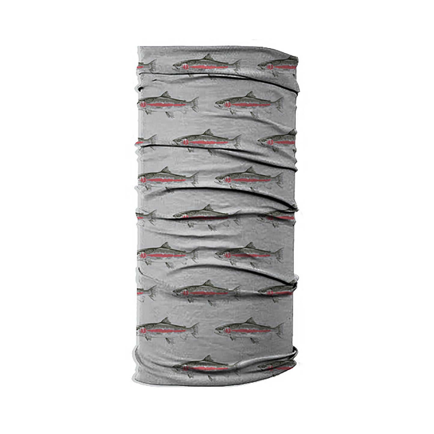 A fishmask neck tube with rainbow trout printed all over it.