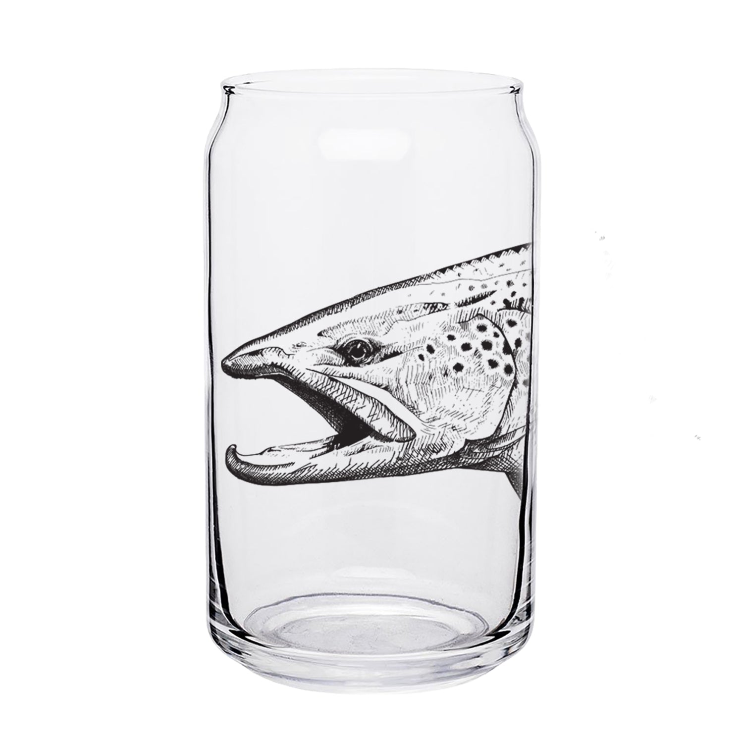 A clear glass shaped as beer can that features trout head design in black ink