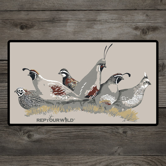 Sticker featuring six quail, light grey background and black border.