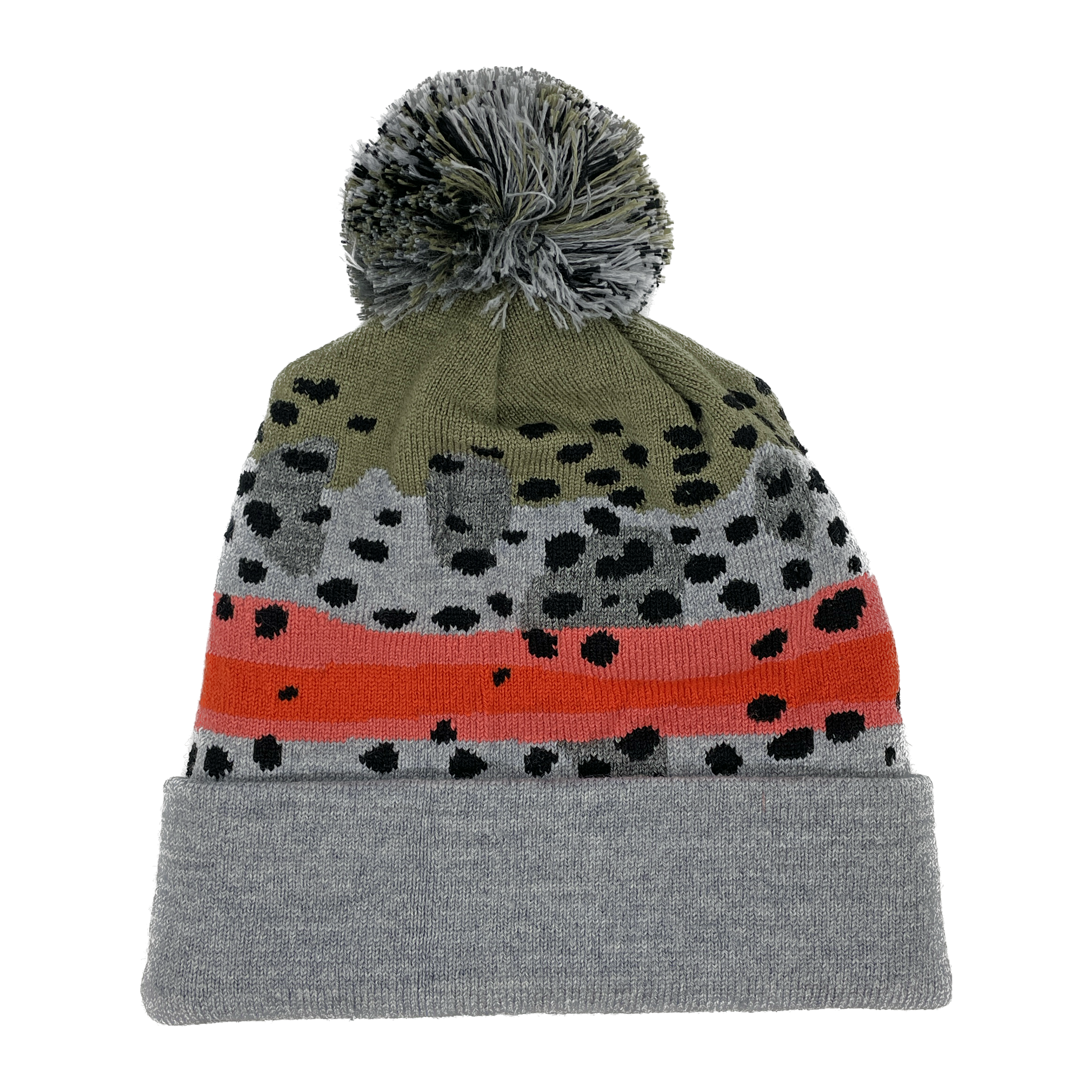 A winter hat imitating rainbow trout skin with a gray and green poof on top and a light grey cuff