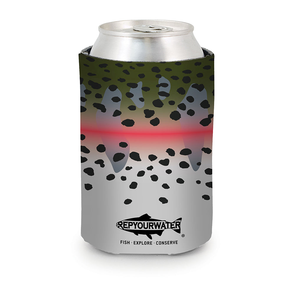 Coozie with rainbow trout print and trout silhouette with repyourwater inside and fish explore conserve below, holding a can