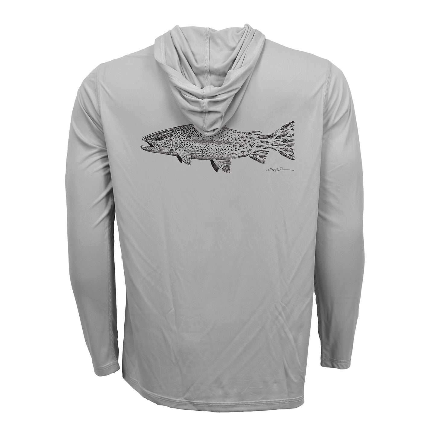 backside of gray sun hoody that has a picture of a rainbow trout that transitions into fishing flies towards the tail in black
