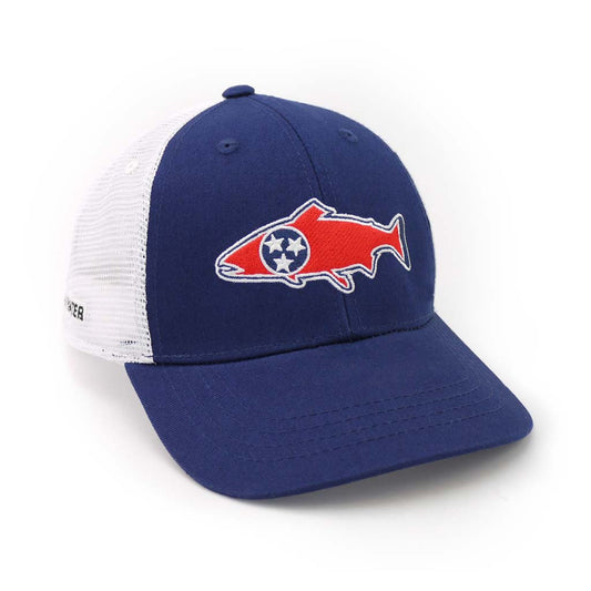 A hat with white mesh in back and blue fabric in front features a trout with a circle filled with three stars inside of it