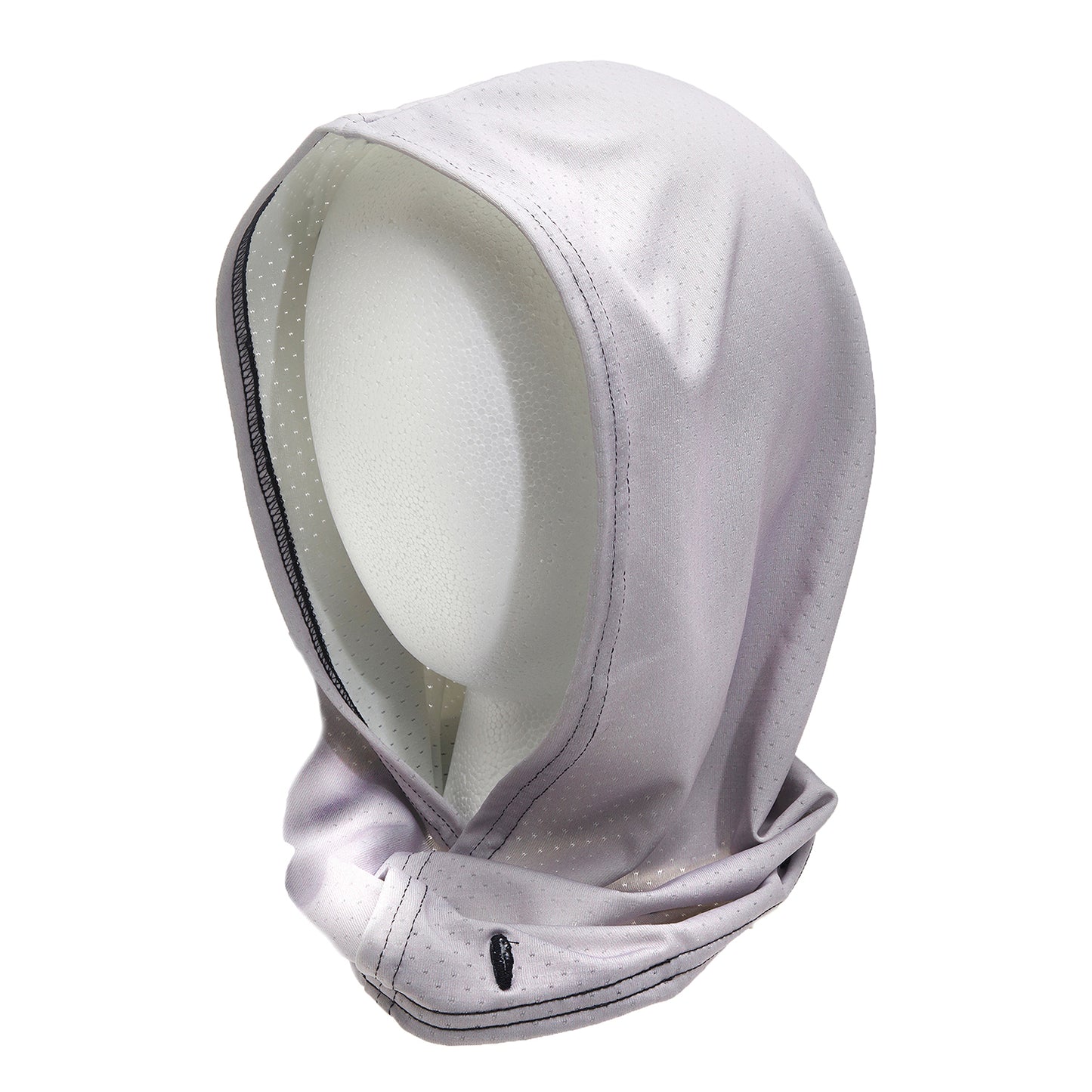A gray hood with a button hole on the bottom part