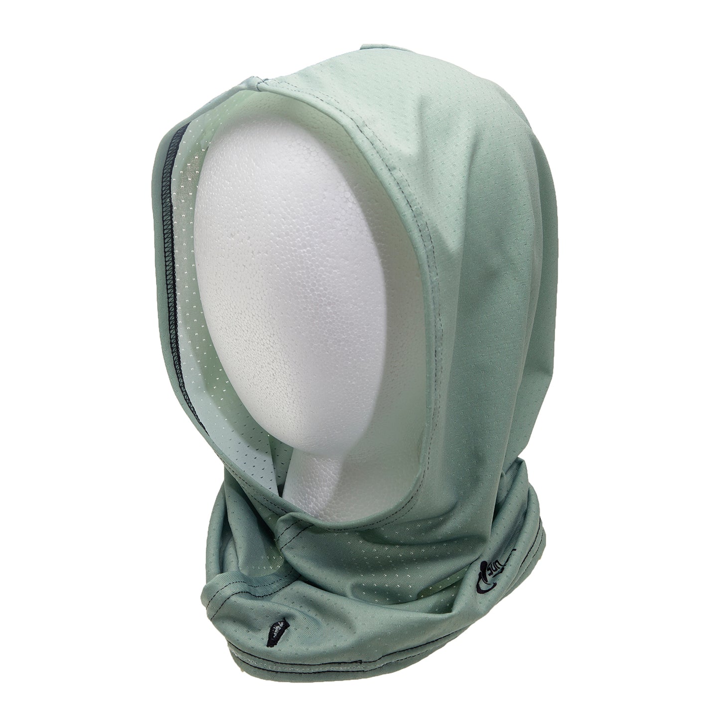 A green hood has a button hole on the bottom