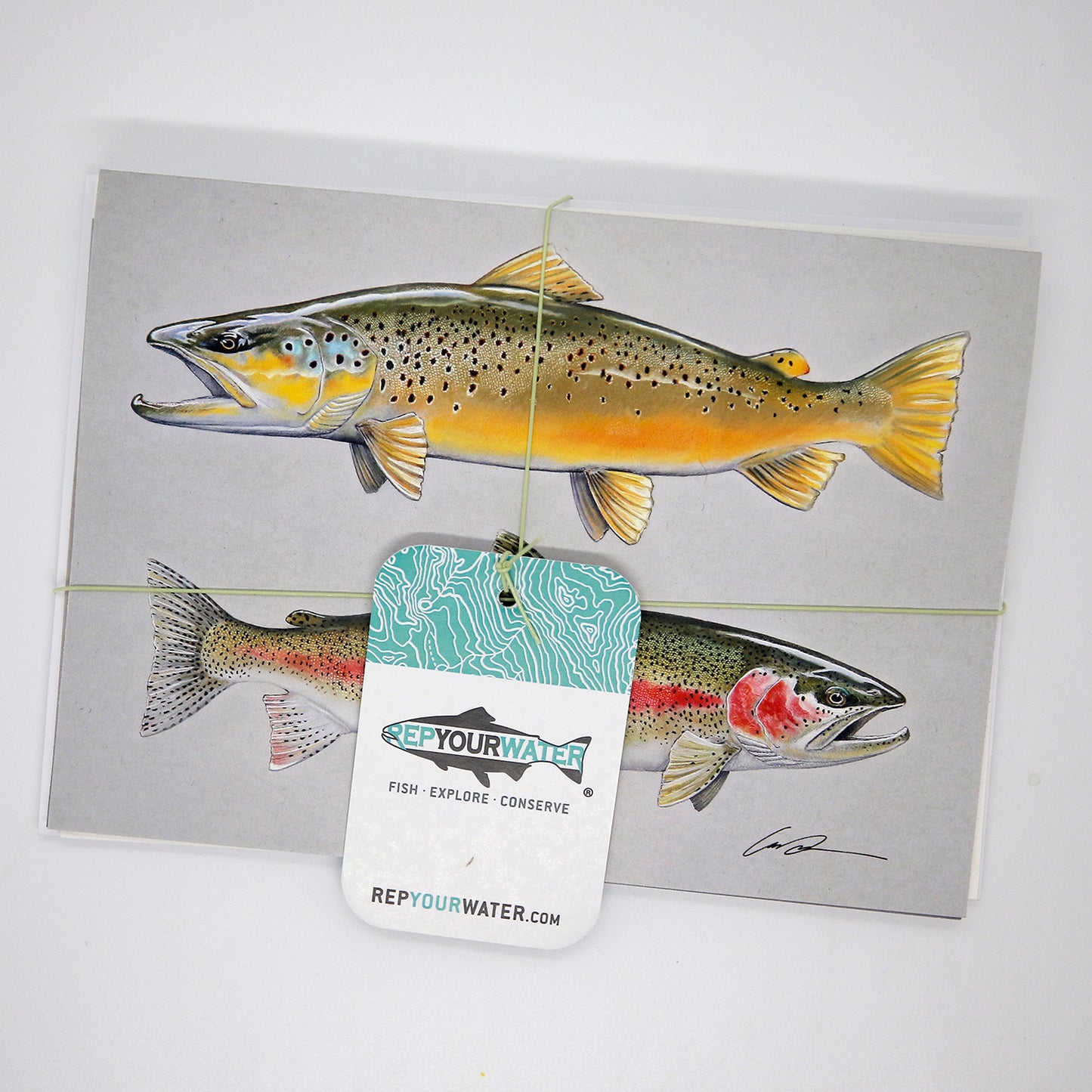 One stack of greeting cards with the same hangtag in the first image. This only shows the a greeting card with a brown trout above a rainbow trout