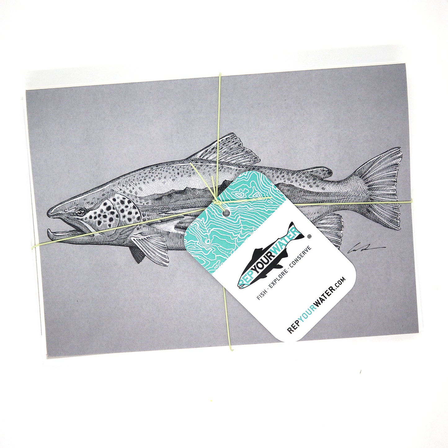 One stack of greeting cards with the same hangtag in the first image. This only shows a brown trout with a spring creek and mountain drawn inside it as agreeting card.