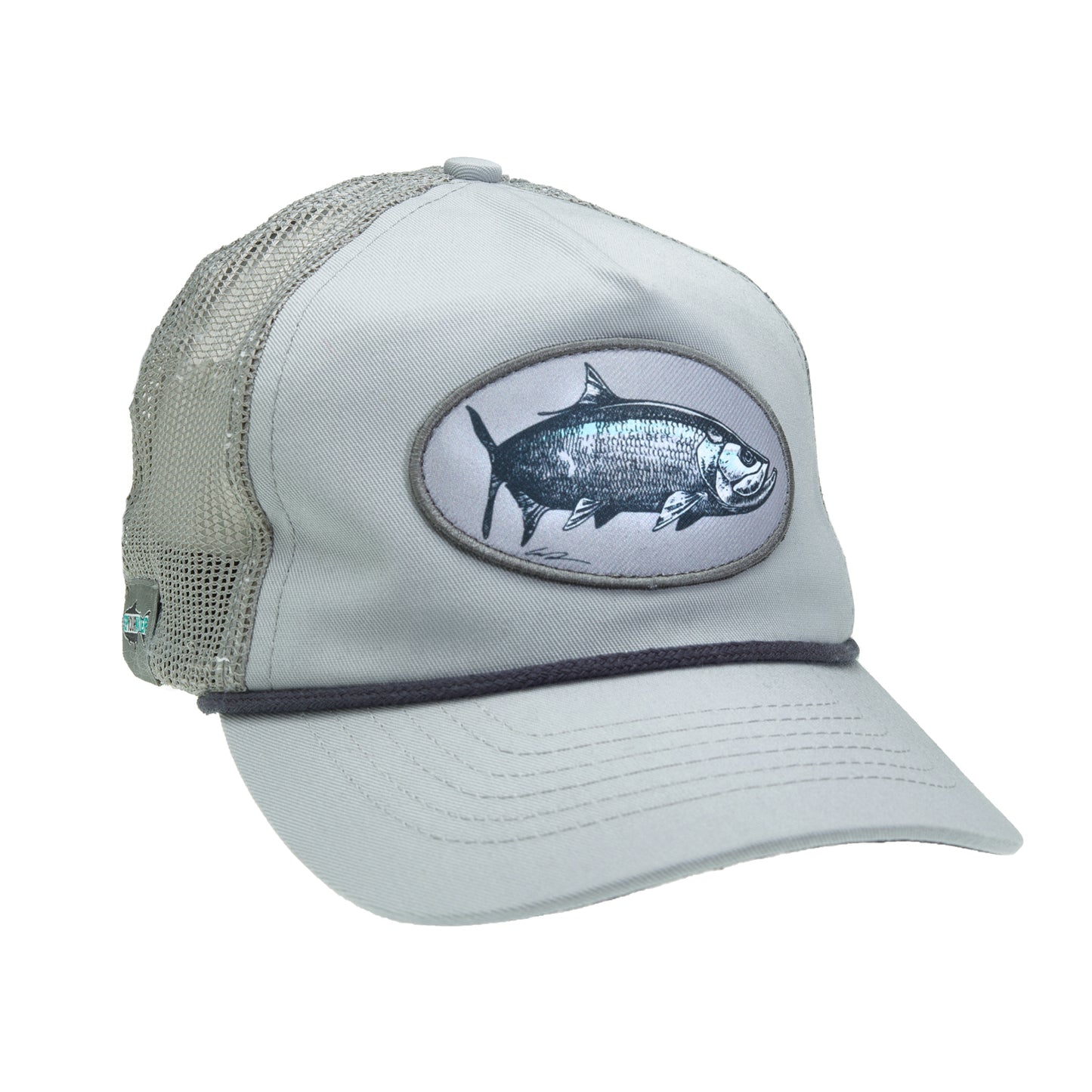 A hat with gray mesh and gray fabric in front has an oval shaped patch with a tarpon on it. There is a black rope above the brim