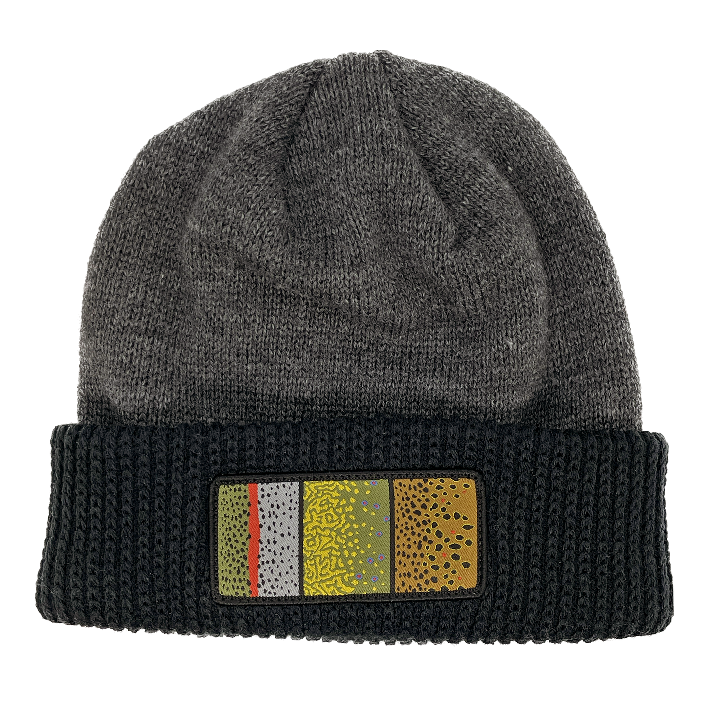 A gray winter hat with a black cuff and a rectangular patch on the cuff with rainbow trout brook trout and brown trout skin on it