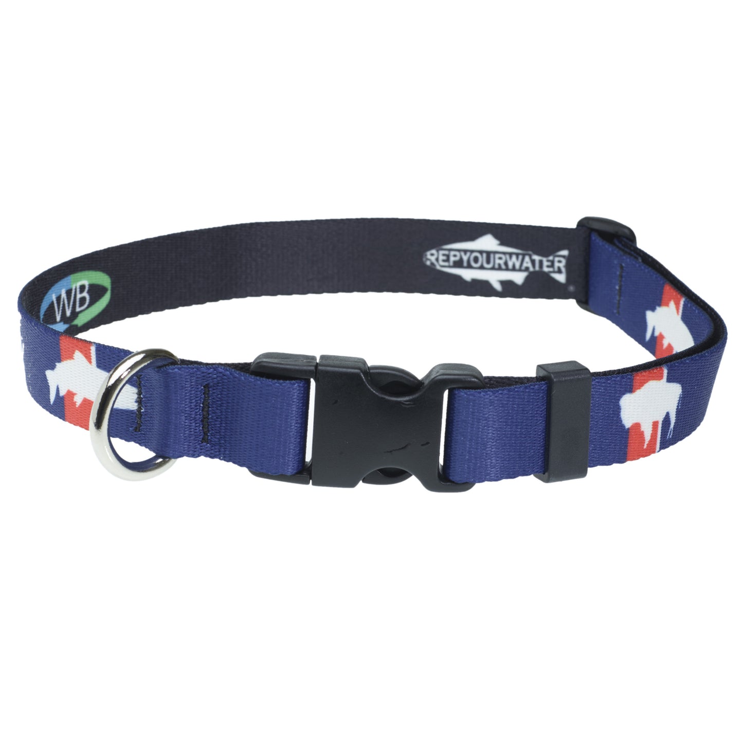 Collar with plastic clasp and metal D ring. Red and blue featuring graphics of bison and trout.