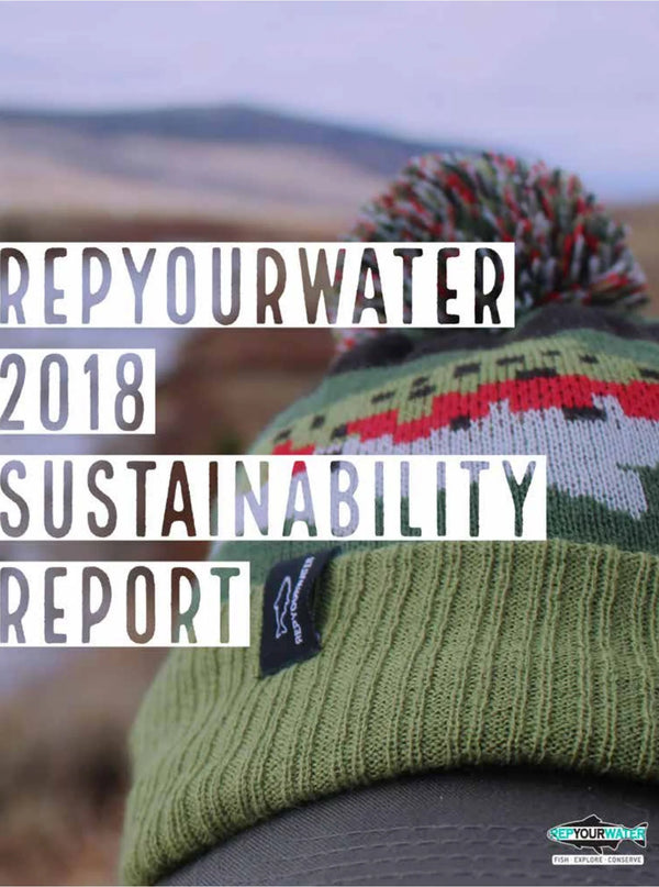 Green knit beanie with colorful pom-pom on a blurred natural background, featuring 'Rep Your Water 2018 Sustainability Report' text.