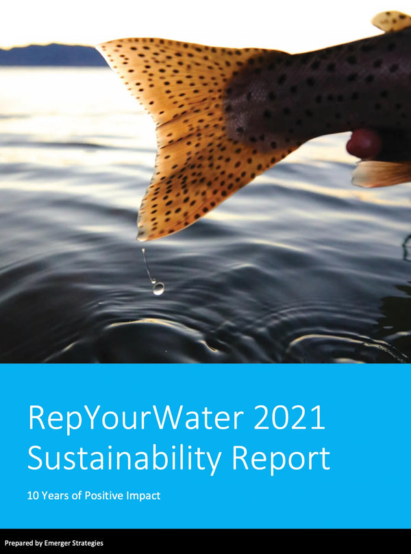 Sustainability report cover with a fish tail and water droplet, featuring 'RepYourWater 2021' and '10 Years of Positive Impact'.
