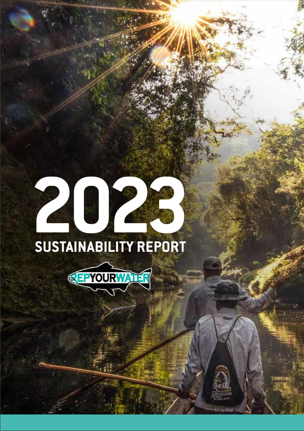 2023 Sustainability Report cover with two people in a boat on a river surrounded by nature.