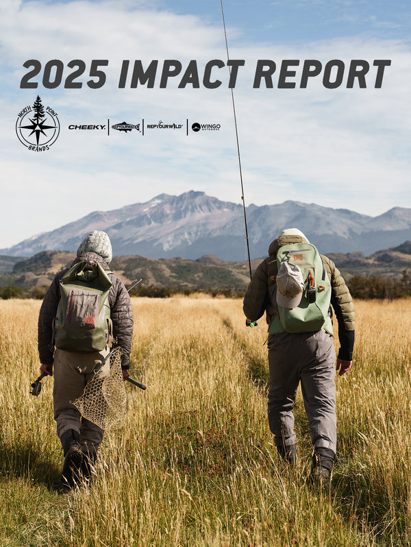 Two anglers carrying backpacks and fishing gear walk through a grassy field toward mountains beneath the text ‘2025 Impact Report.