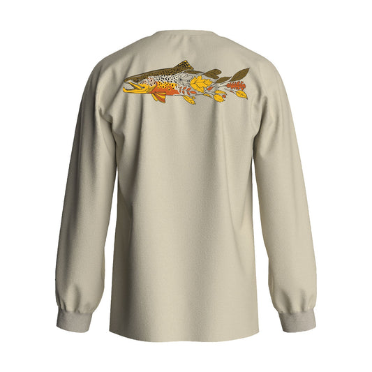 Long sleeve tshirt tan with fall brown trout transitioning into autumn leaves back graphic
