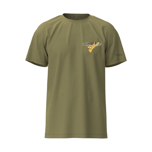 Tshirt green with rising brown trout front chest graphic