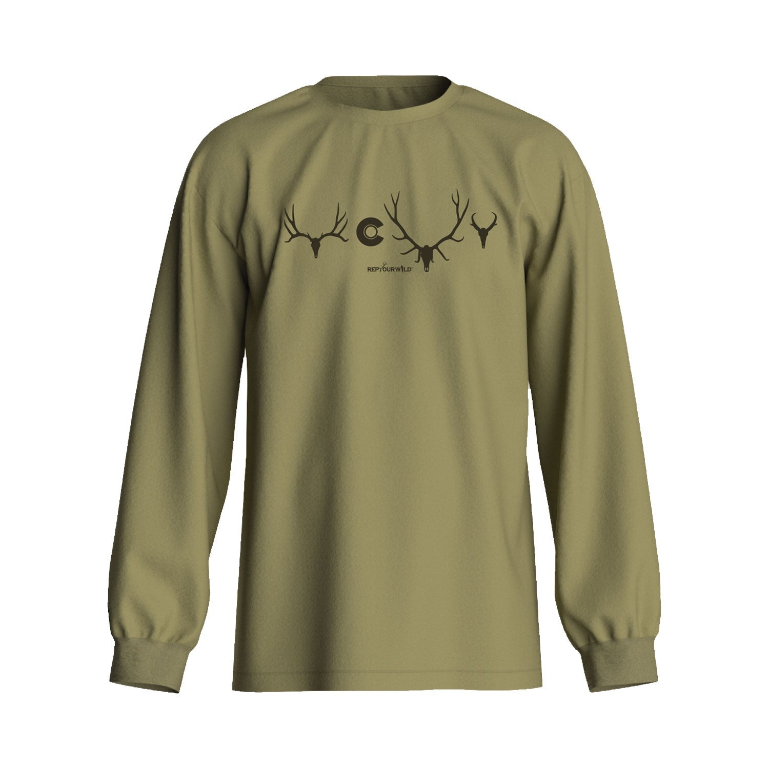 Long sleeve Tshirt green with deer elk and pronghorn skull on front