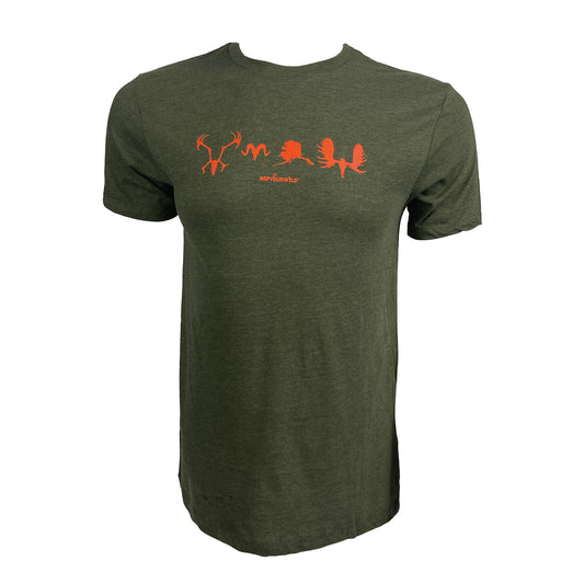 Green tee with blaze orange antlered skull and Alaska silhouettes and Rep Your Wild logo across the chest.