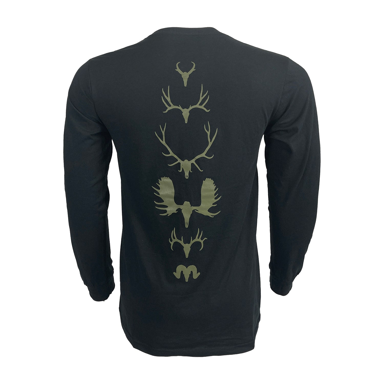 black long sleeved tee pictured from the rear with olive antlered skull silhouettes down the spine.