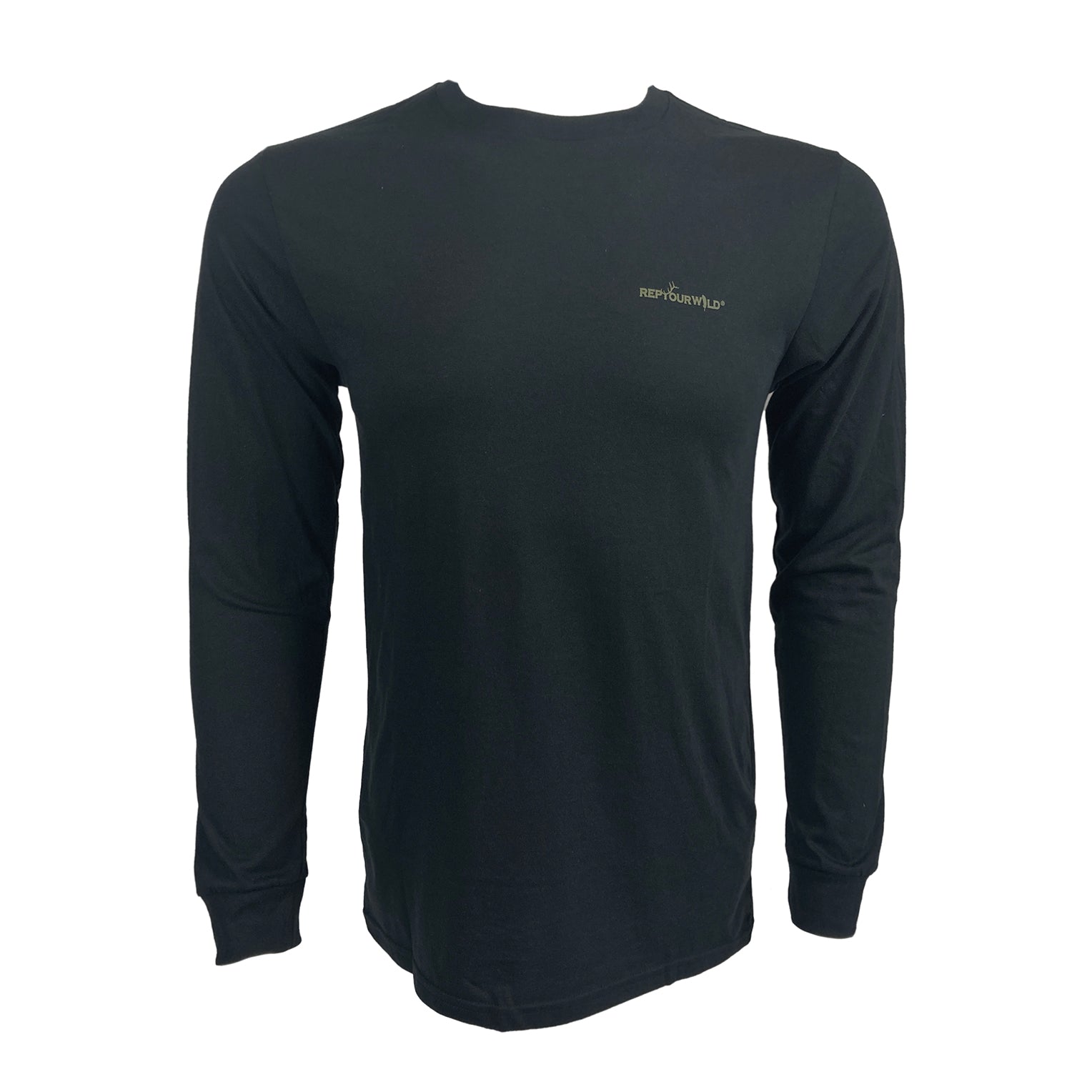 Black long sleeved tee shown from the front with olive Rep Your Wild logo on front left chest.
