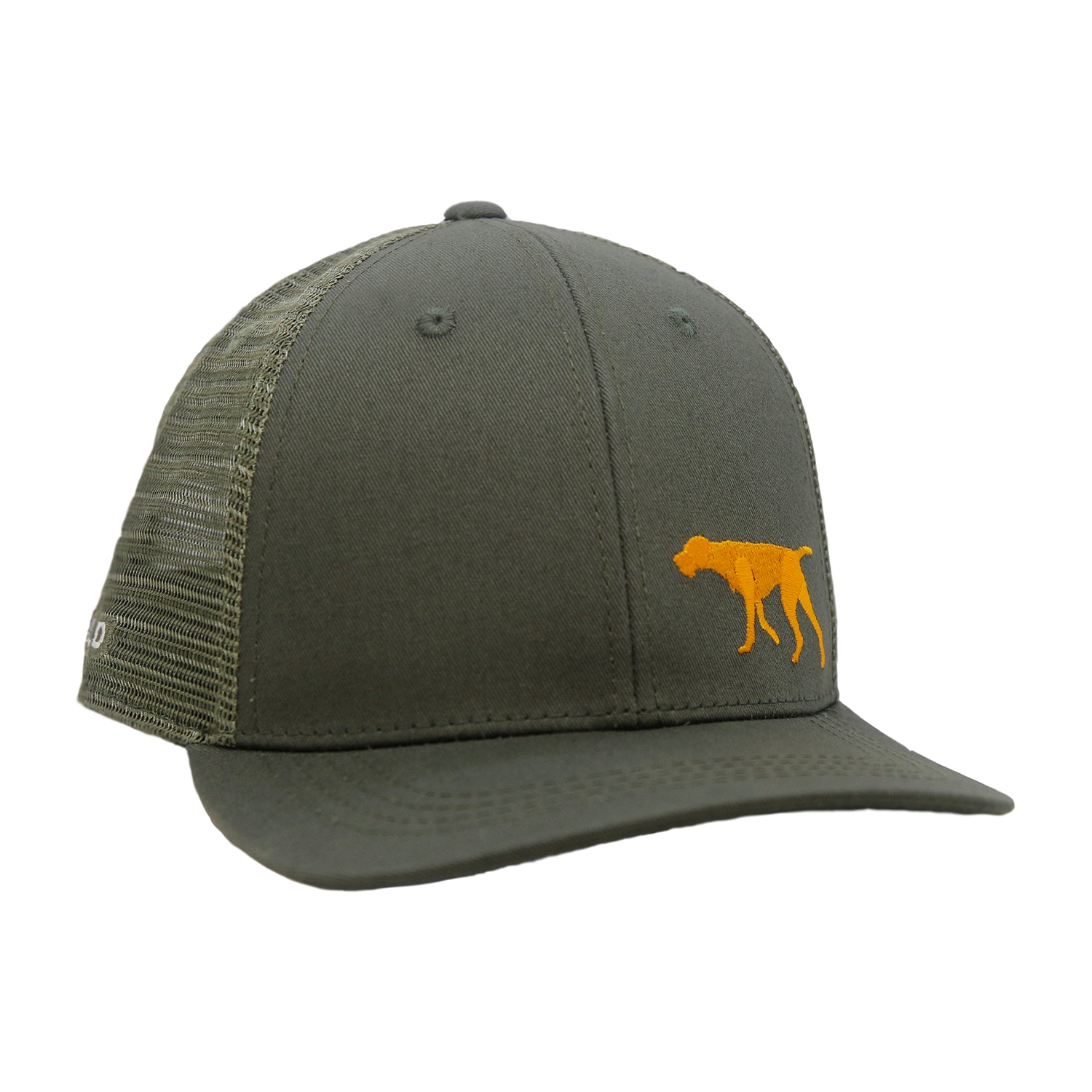 Green hat with green mesh back and a embroidered dog in orange on the front