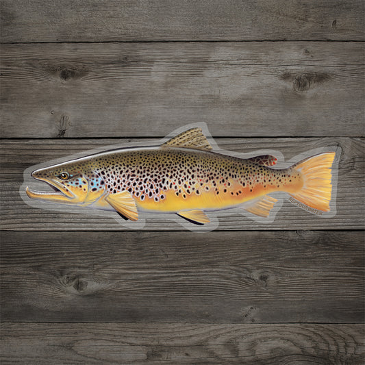 A sticker resembling a Brown Trout with wood background