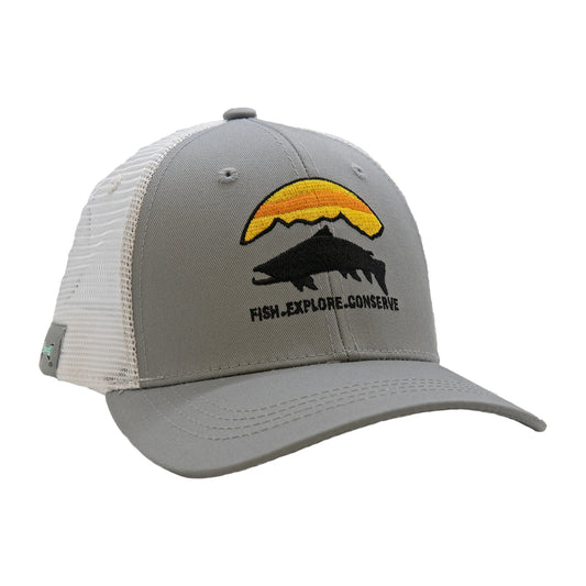 gray hat with white mesh with a trout silhouette, mountain range/sunset with words that read Fish Explore, conserve