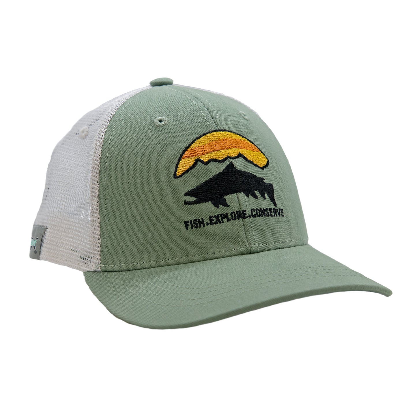 Light sage hat with white mesh with a trout silhouette, mountain range/sunset with words that read Fish Explore, conserve