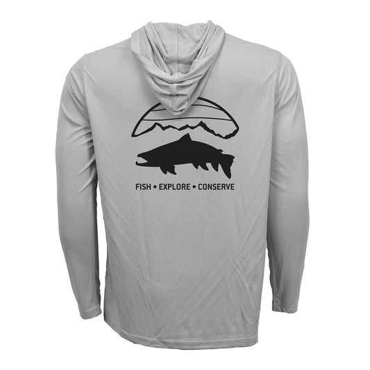 the back of a gray hoody featuring a black trout below a mountain scape with the words fish explore conserve underneath it