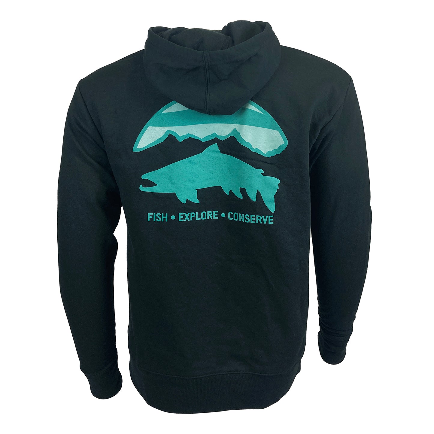 Black hoody shown from the rear with blue trout silhouette, mountains, and fish explore conserve across the shoulder blades.