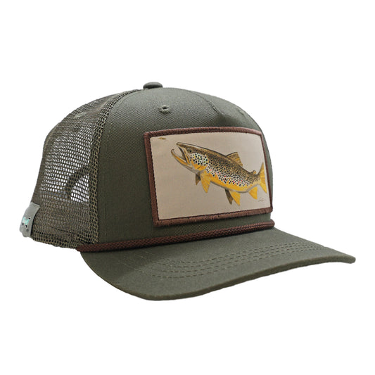 A green hat with mesh back featuring a brown trout on the front.