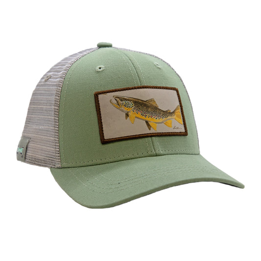 light green hat with white mesh back with a patch that has a brown trout eating a bug