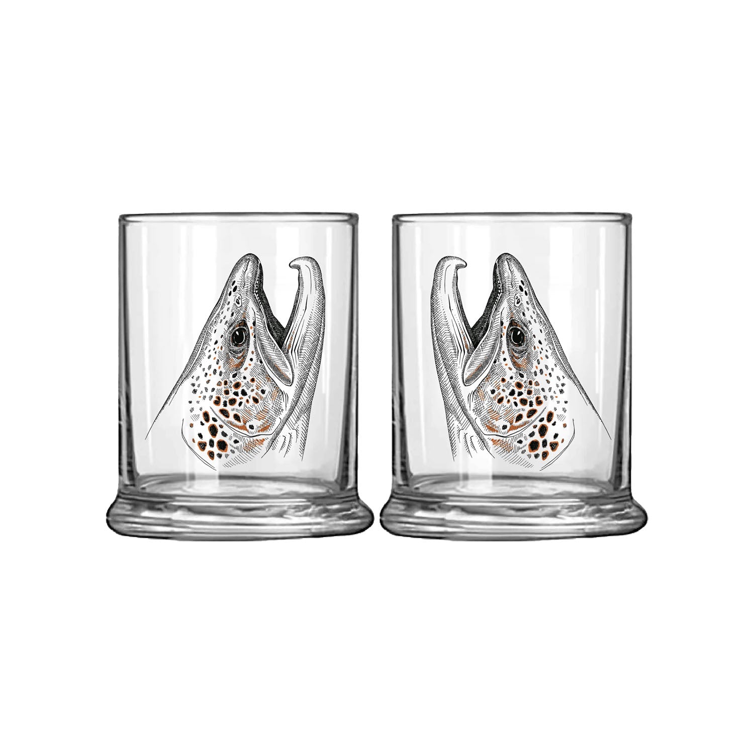 Low ball glass with rising brown trout head in black and orange ink
