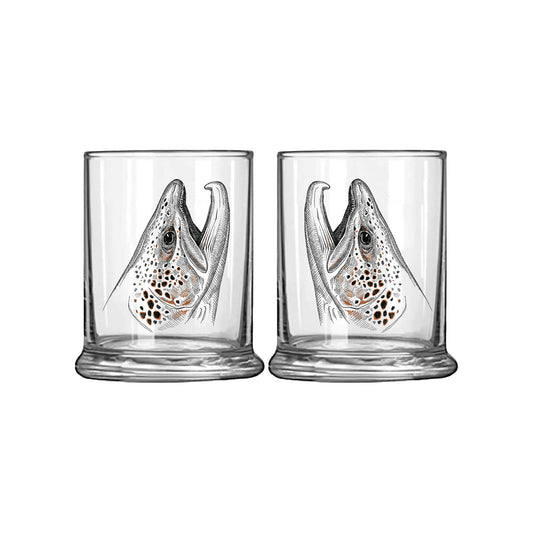 Low ball glass with rising brown trout head in black and orange ink