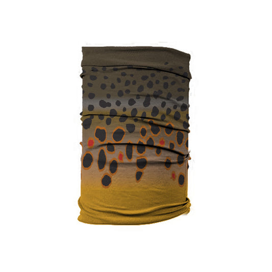 a neck gaiter featuring brown trout skin design