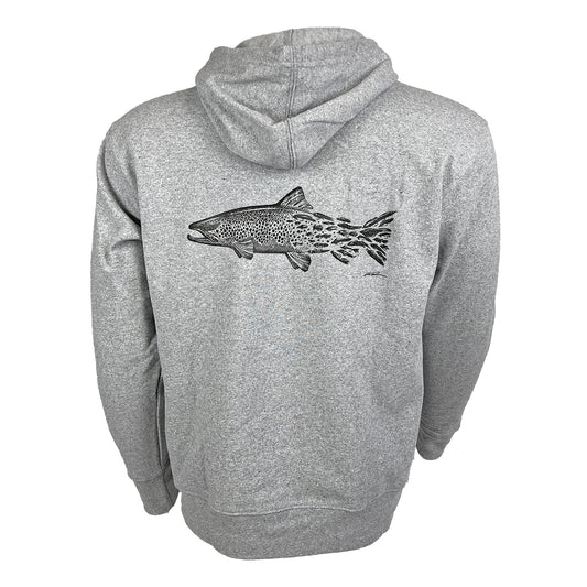 Gray hoody shown from the back with artistically rendered brown trout fading into flies across the shoulder blades.