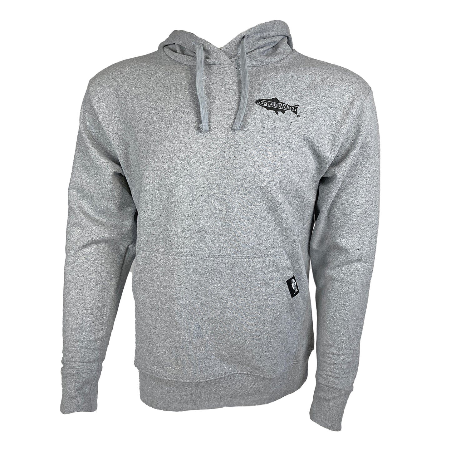 Gray hoody shown from the front with Rep Your Water logo on wearer's left chest.