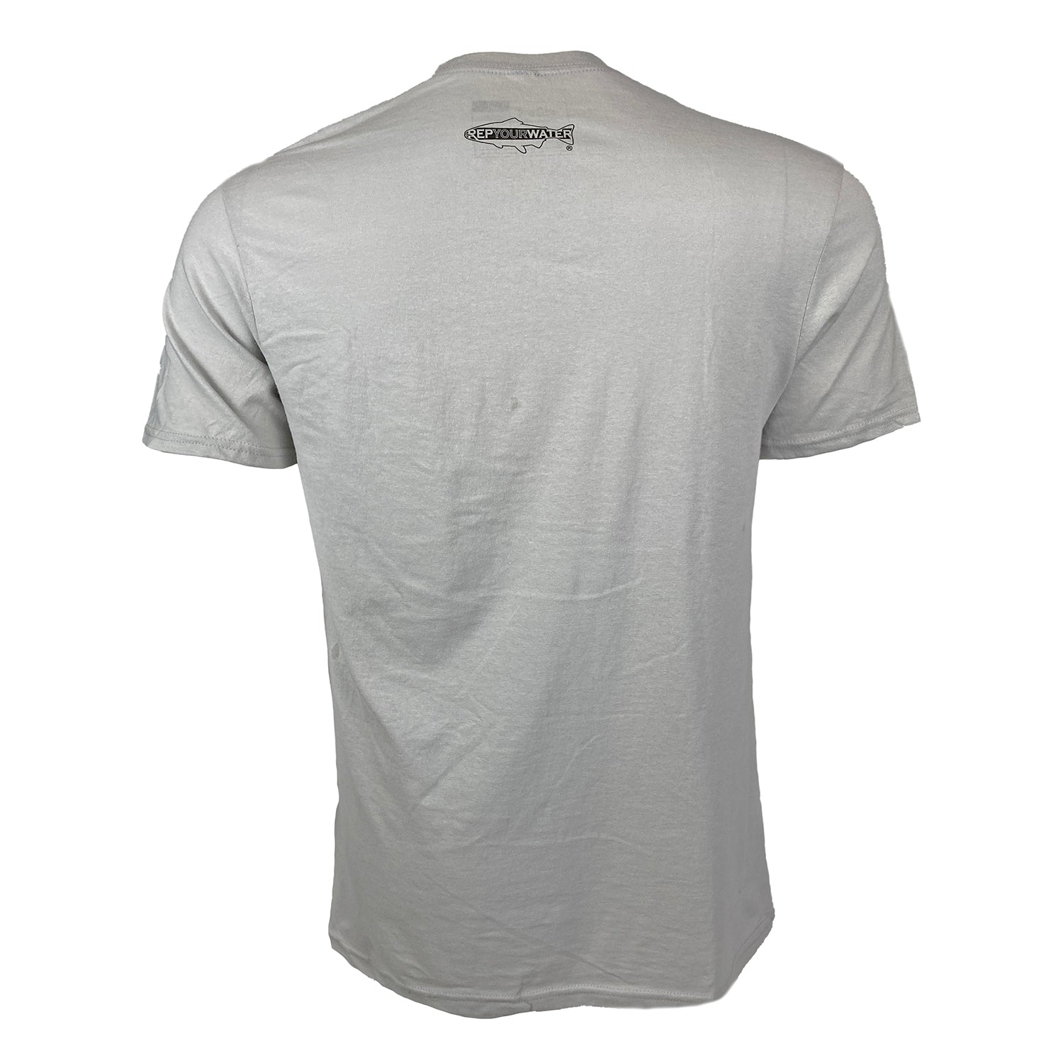 Gray tee shown from the back with Rep Your Water logo just below the neck line.