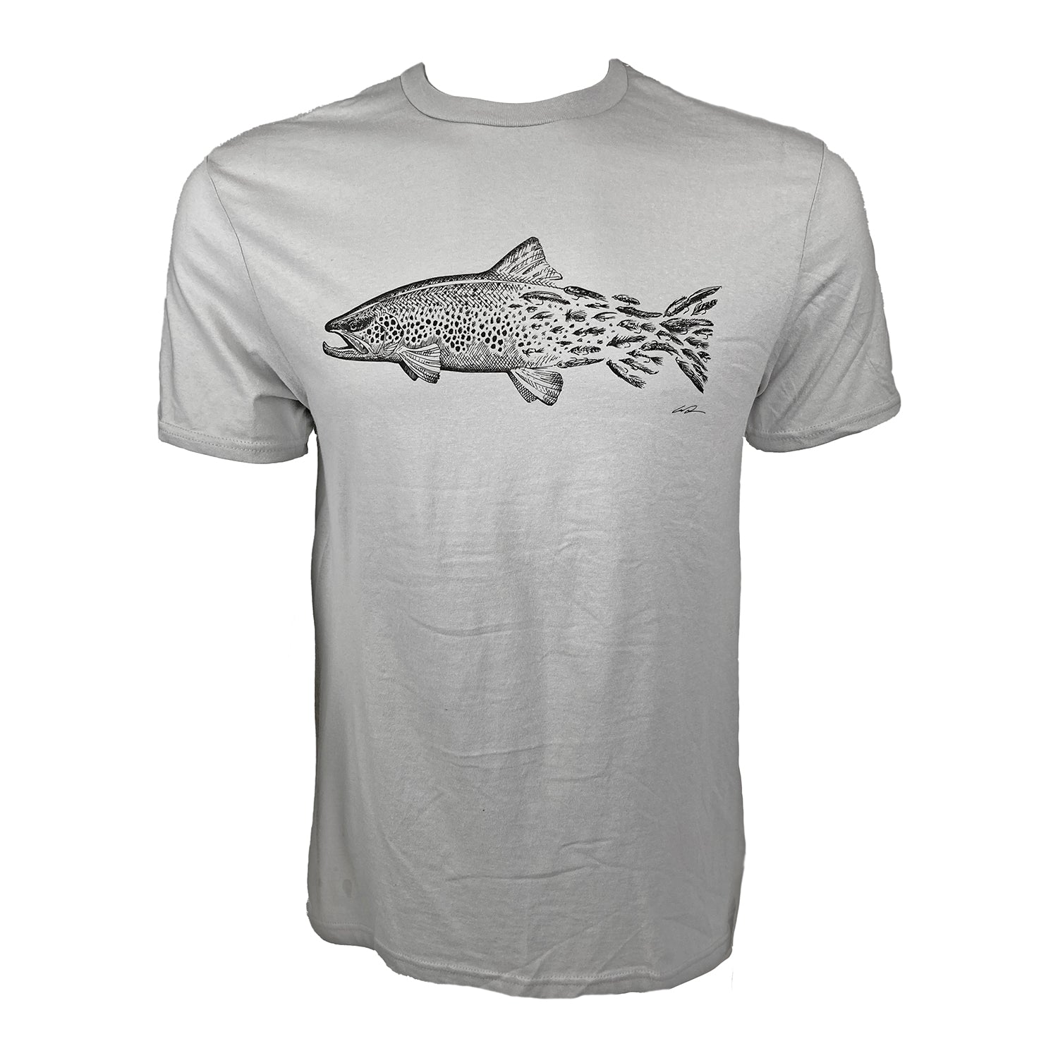 Gray tee shown from the front with artistically rendered brown trout fading into files across the chest.