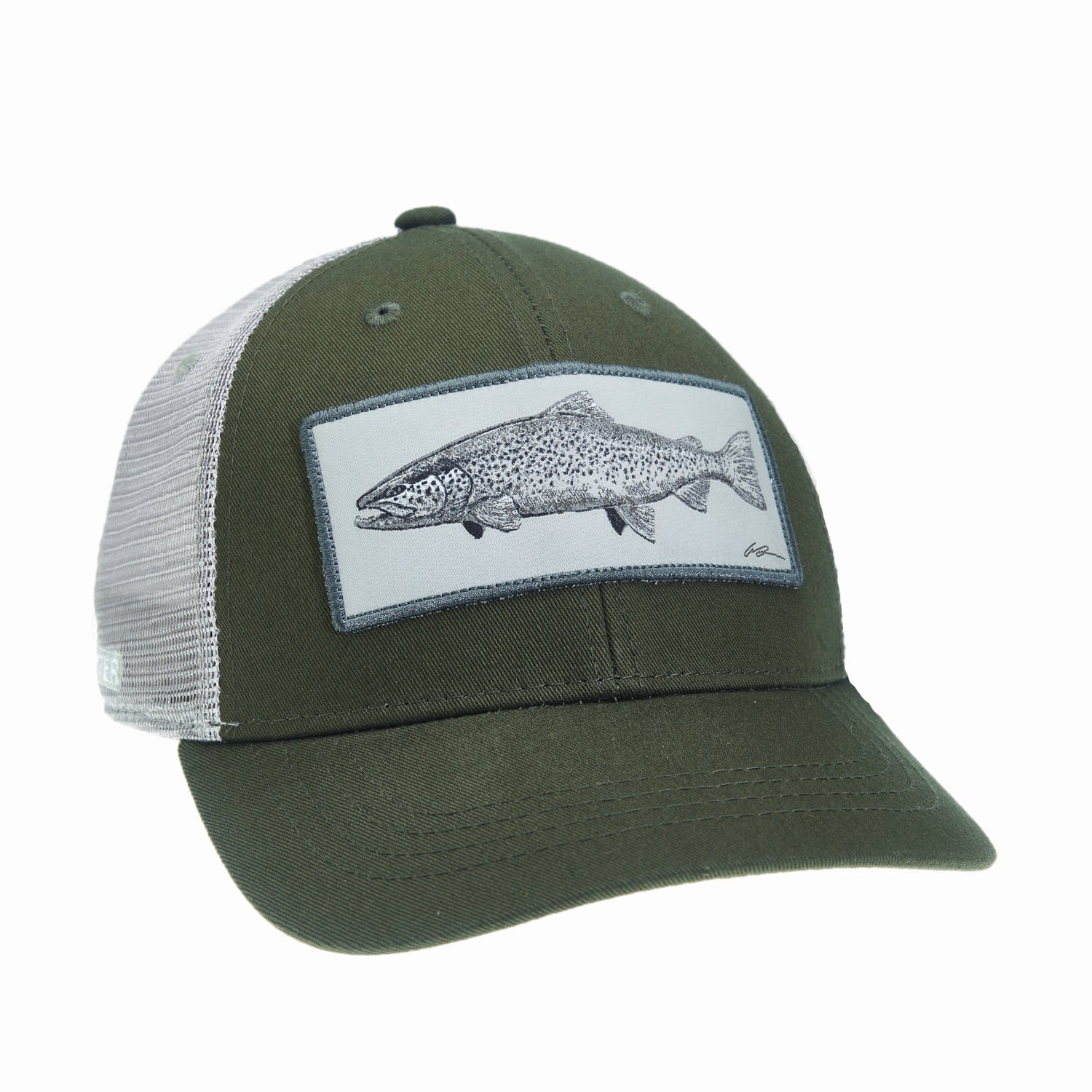 a hat with gray mesh and green fabric has a patch featuring a black and white drawing of a brown trout