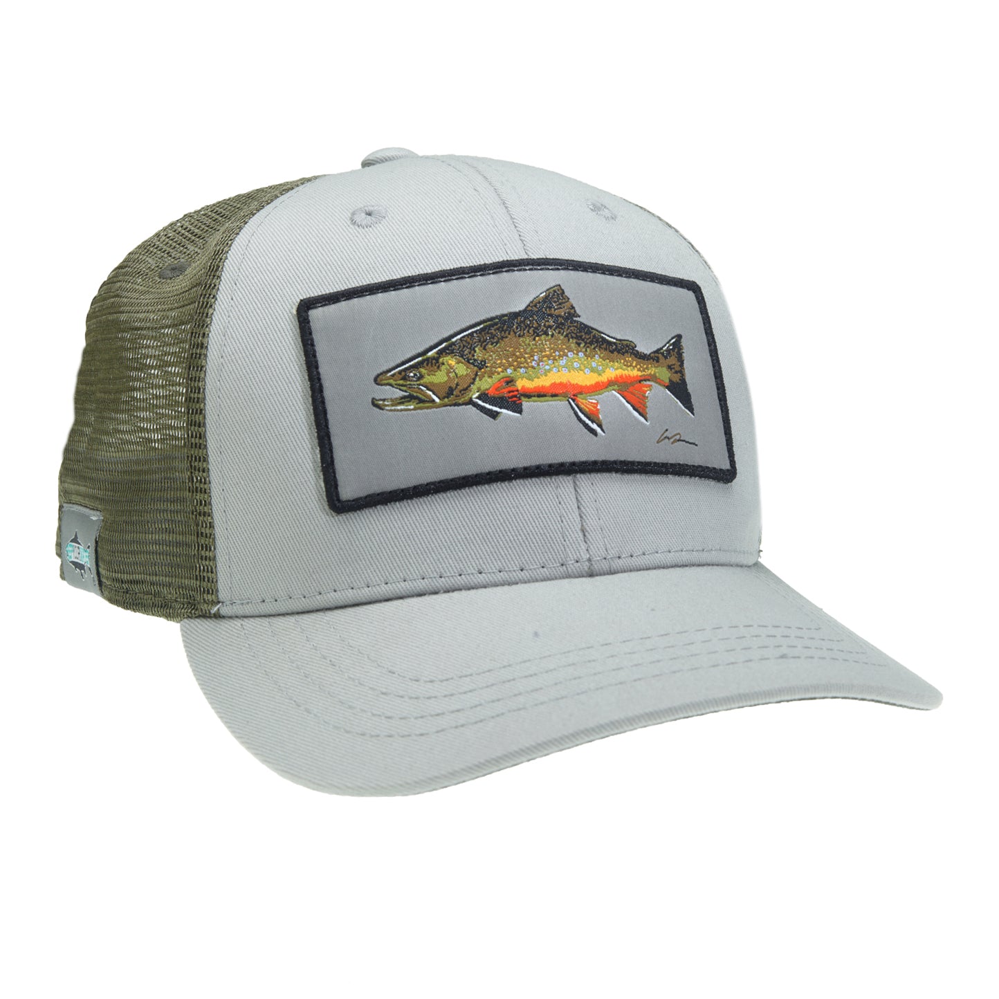 A hat with green mesh in back and light gray fabric in front has a rectangular patch with a large brook trout on it