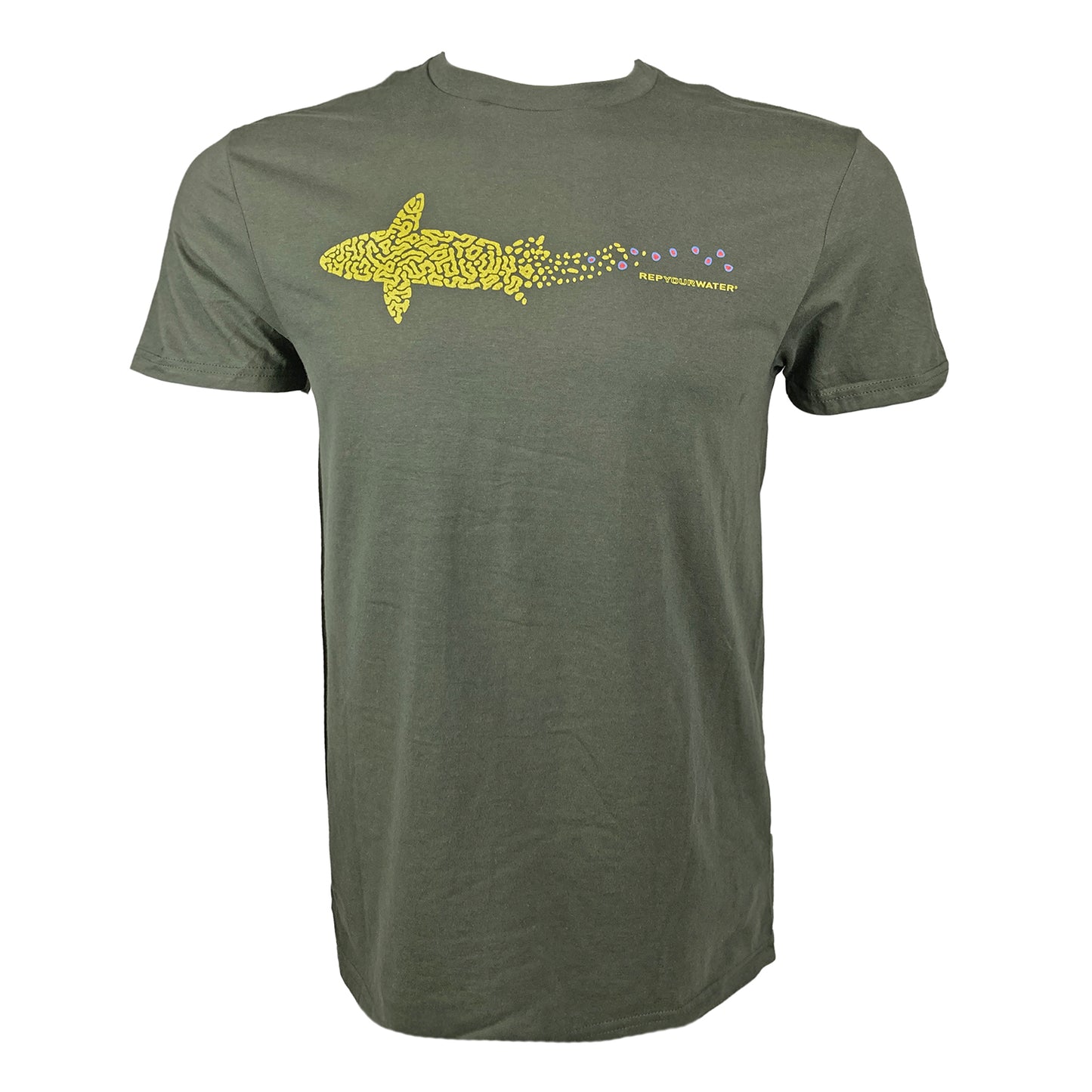 Green tee with artistically rendered brook trout in brook trout colors across the chest.