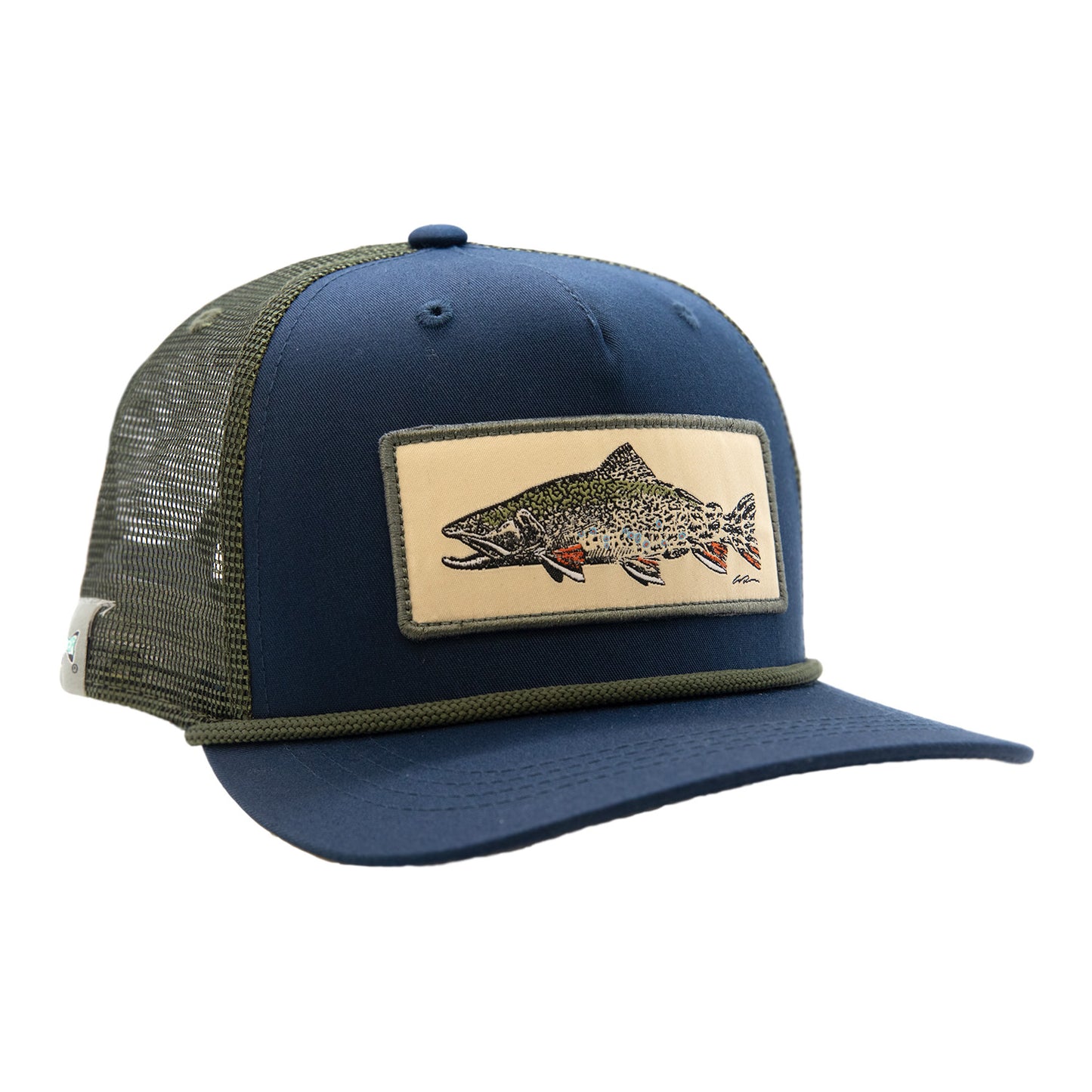 Navy hat with green mesh back with a patch that has a brook trout that fades into flies towards the tail