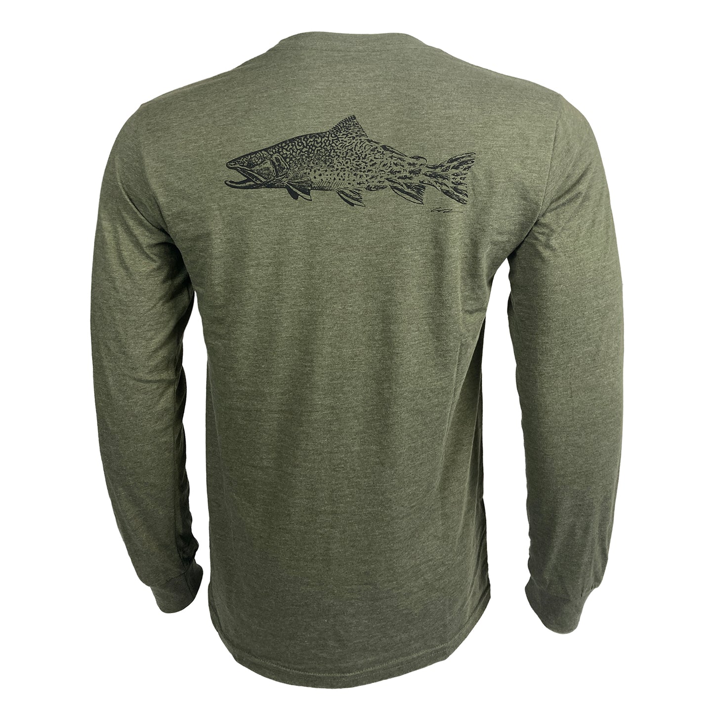 Green long sleeved tee shown from the back with artistically rendered brook trout fading into flies across the shoulder blades.