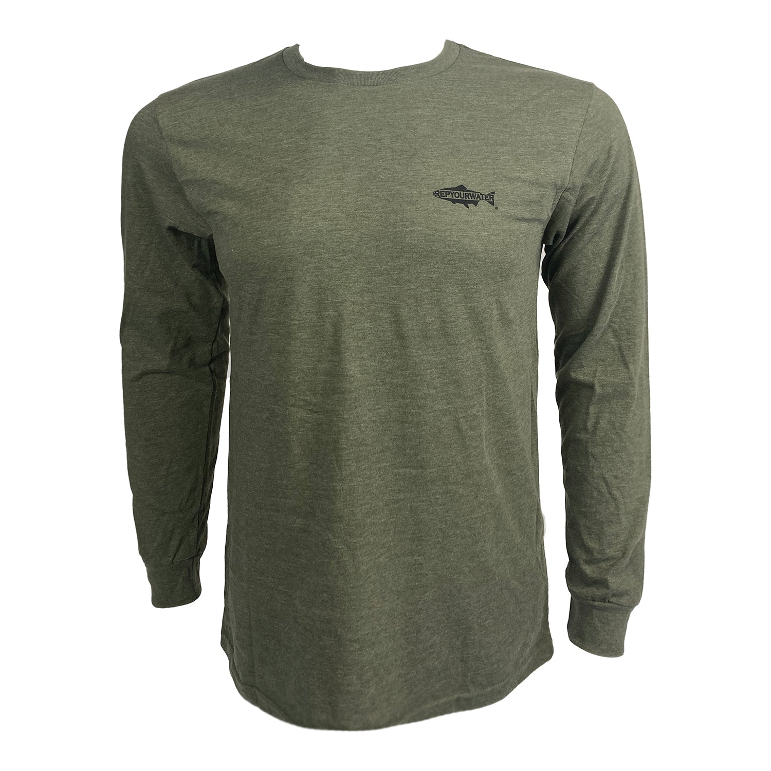 Green long sleeved tee shown from the front with Rep Your Water logo on wearer's left chest.