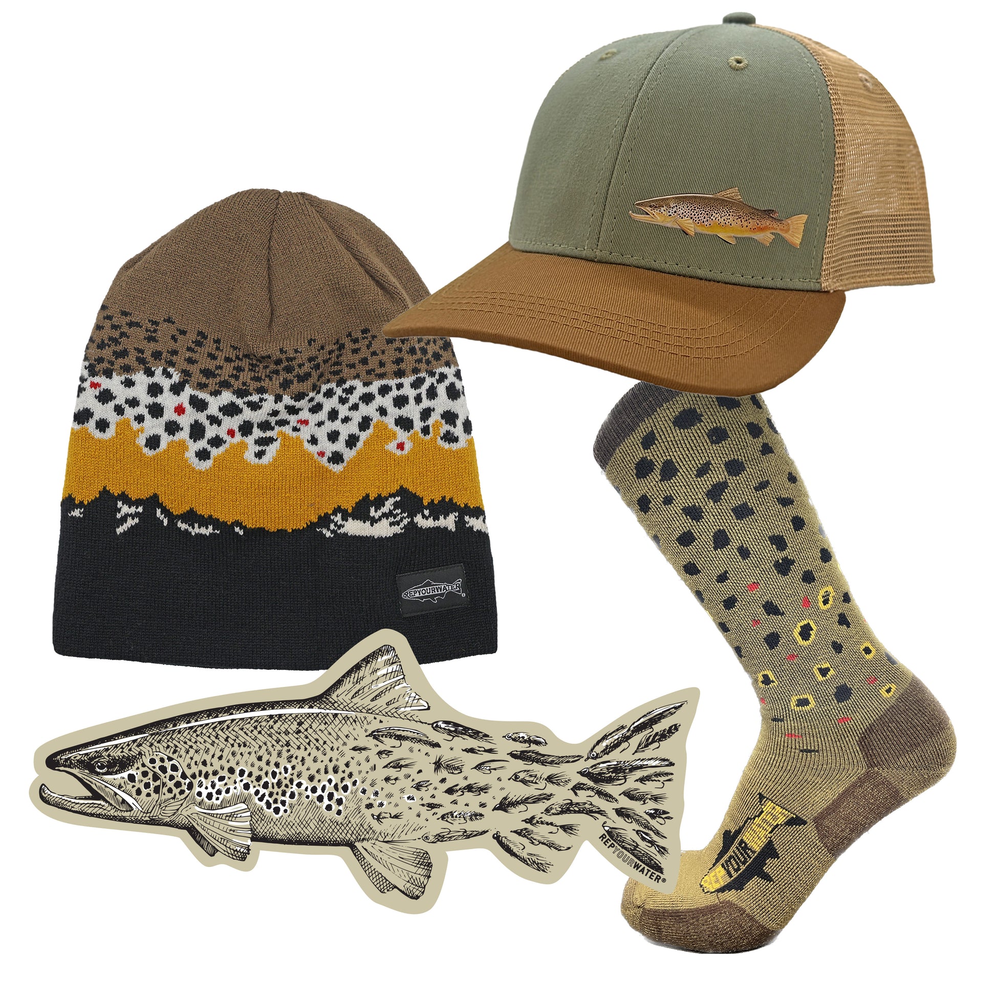 Brown trout gift budle with brown trout knit hat, brimmed hat, sticker, and socks