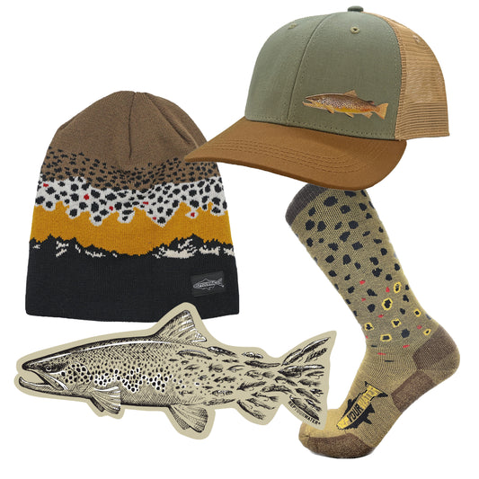 Brown trout gift budle with brown trout knit hat, brimmed hat, sticker, and socks